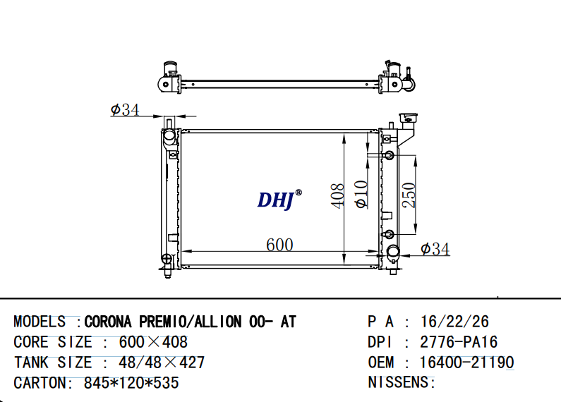 16400-21190 16400-22140 16400-28350 TOYOTA CORONA PREMIO/ALLION 00-AT/MTradiator