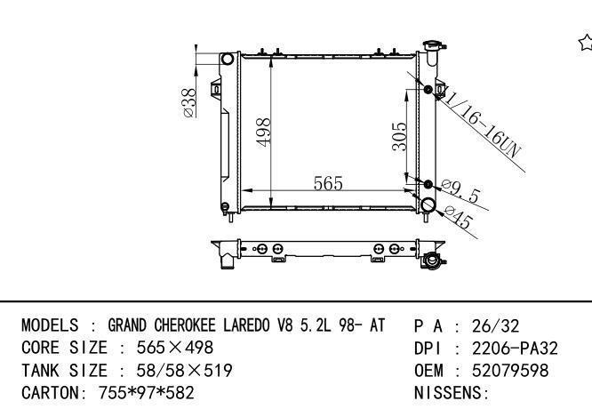 52079598 Car Radiator for  GM,DODGE GRAND CHEROKEE LAREDO V8 5.2L 98-AT