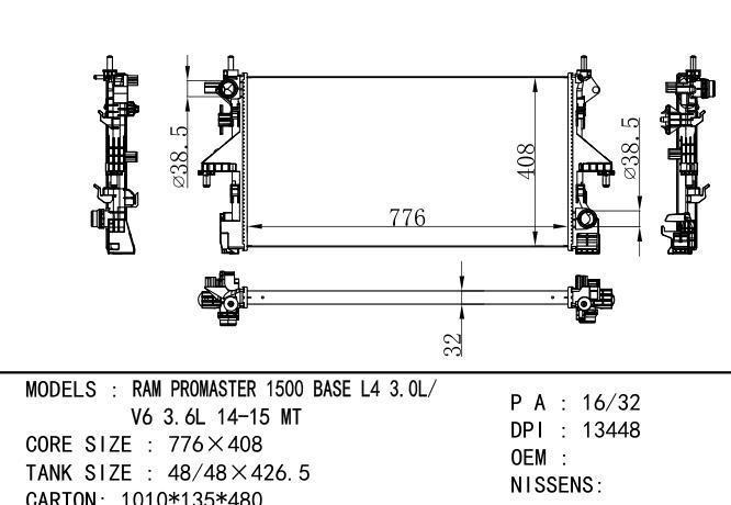  Car Radiator for  GM,DODGE RAM PROMASTER 1500 BASE L4 3.0L/V6 3.6L 14-15 MT