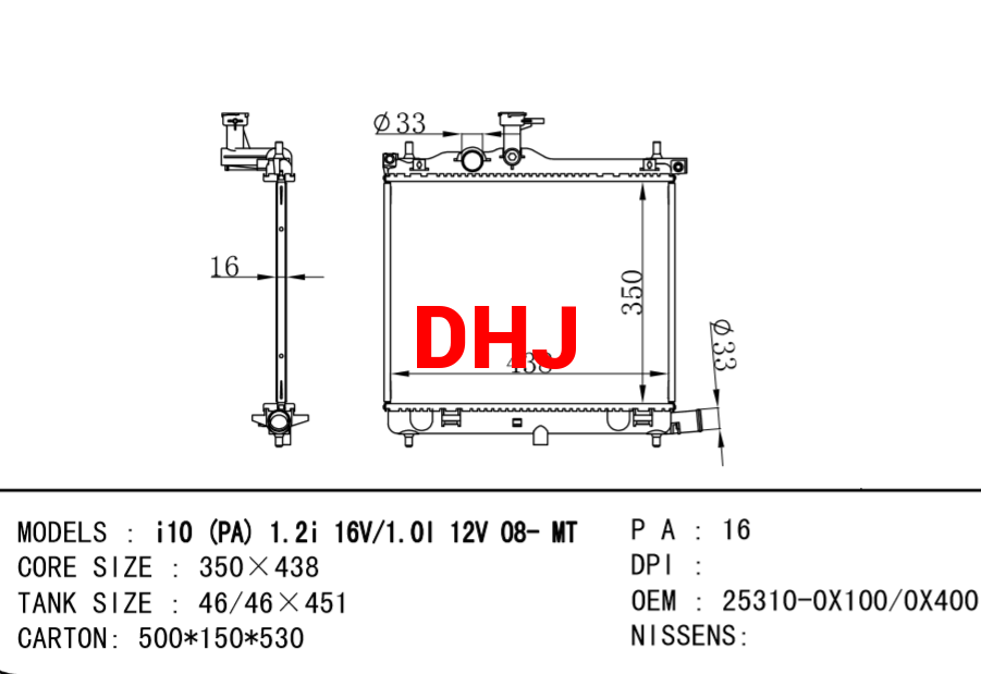 HYUNDAI Radiator 25310-0X100 25310-0X400 i10 (PA) 1.2  i10 (IA) 1,0 LPG