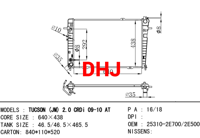 HYUNDAI Radiator 25310-2E700/25310-2E500 KIA 253102E711 TUCSON (JM) 2.0 CRDi PORTAGE (JE_, KM_) 2.0 CRDi 4WD  90-10 AT