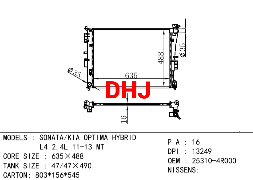 HYUNDAI Radiator 25310-4R000 SONATA/KIA OPTIMA HYBRID L4 2.4L 11-13 MT
