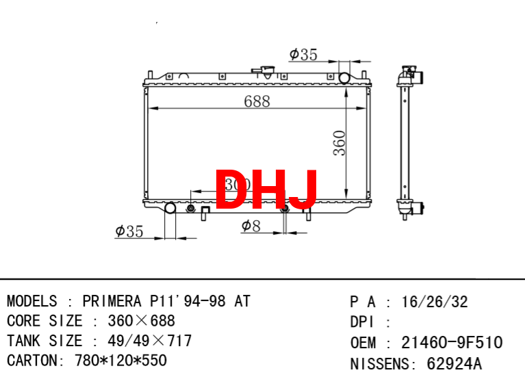 NISSAN radiator 21460-9F510 PRIMERA P11'94-98 AT