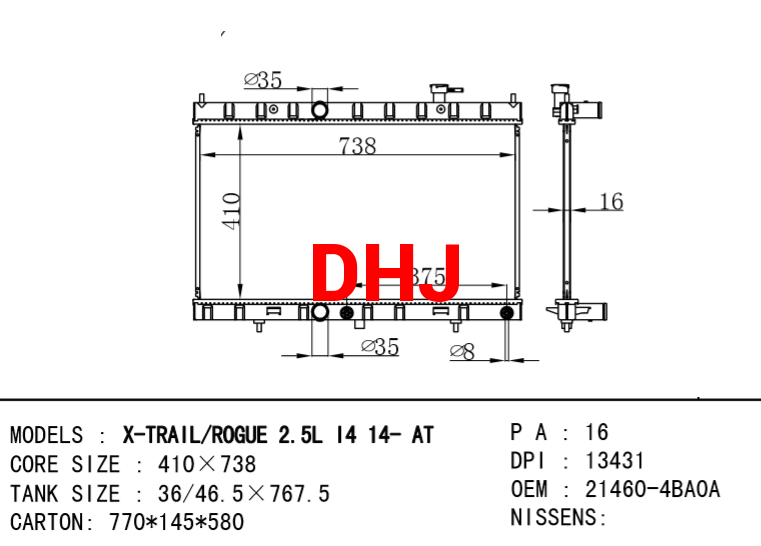 NISSAN radiator 21460-4BA0A X-TRAIL/ROGUE  2.5L L4  2014--AT