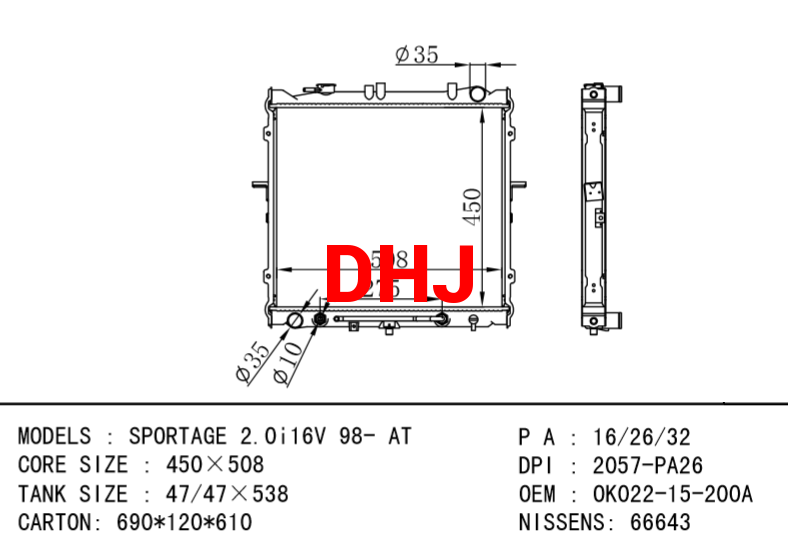 KIA radiator OK022-15-200A SPORTAGE 2.0i16V 98- AT
