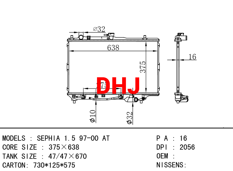 KIA SEPHIA 1.5 97-00 AT radiator DPI : 2056