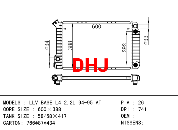GM,DODGE RADIATOR LLV BASE L4 2.2L 94-95 AT DPI:741