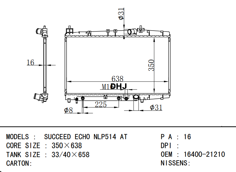 16400-21210 TOYOTA RADIATOR FOR SUCCEED ECHO NLP514 AT MT