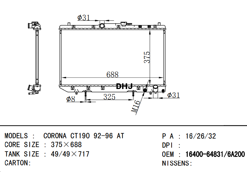  16400-64850 16400-64830 16400-64831 16400-6A200 TOYOTA radiator CORONA CT190 92-