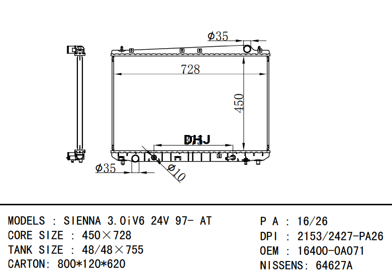  16400-0A071 16400-0A072 Toyota radoator SIENNA 3.0iV6 24V 97- AT