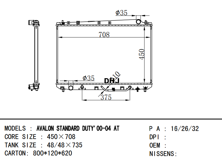 Toyota radiator for AVALON STANDARD DUTY'00-04 AT