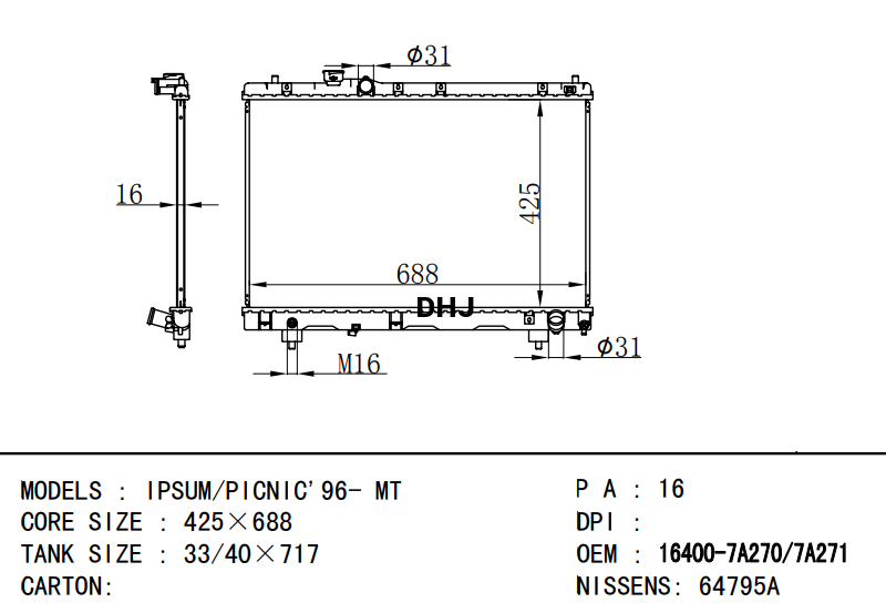 16400-7A270 16400-7A271 TOYOTA RADIATOR FOR IPSUM/PICNIC'96- MT