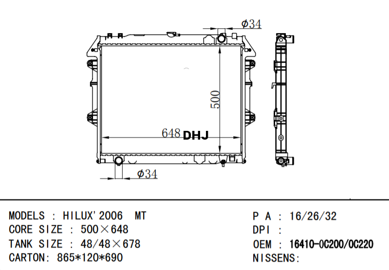 TOYOTA HILUX'2006 MT 16400-0C200 16400-0C220