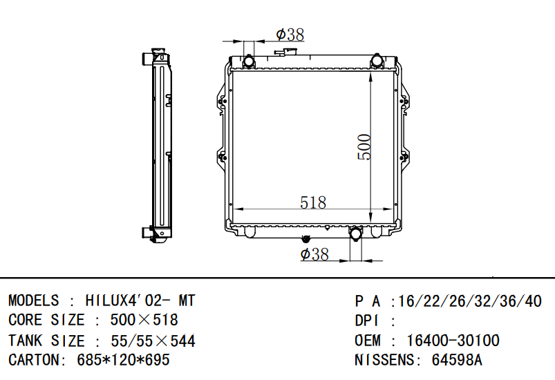 TOYOTA Pick up radiator HILUX4'02 16400-30090,16400-30100