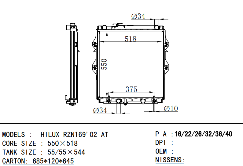 TOYOTA pickup radiator for HILUX RZN169'02 AT