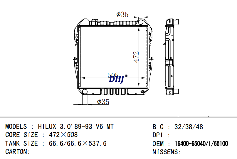 TOYOTA HILUX radiator  16400-65040 16400-65041 16400-65100