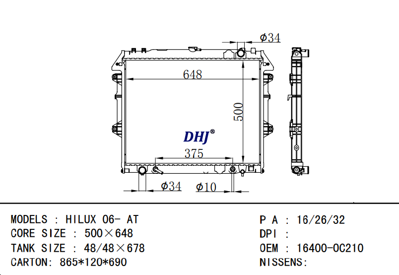 TOYOTA RADIATOR FOR HILUX VIGO 05-14 AT 16400-OC140/16400-OC210