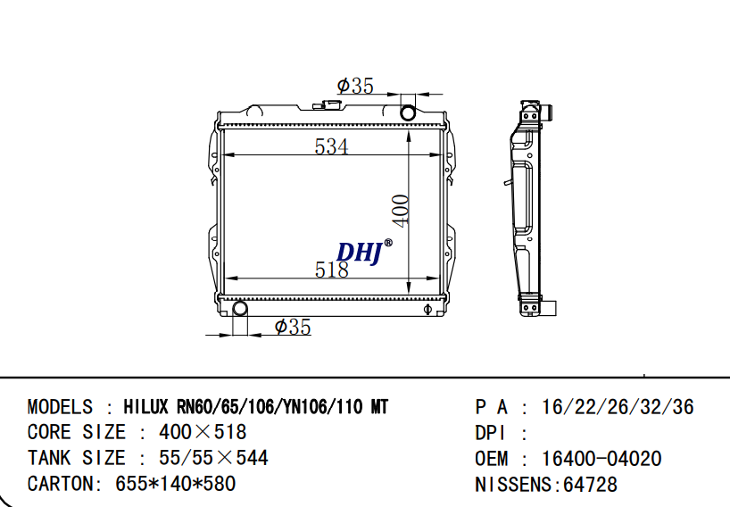TOYOTA HILUX II Pickup radiator 16400-35350 16400-35210 16400-71081 16400-71070 1