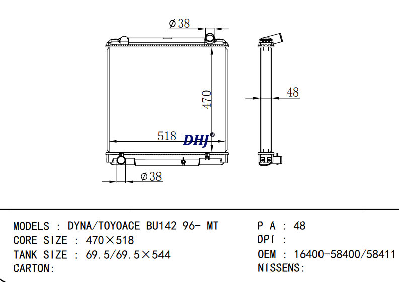 TOYOTA DYNA/TOYOACE BU142 96- MT radiator 16400-58400 16400-58411