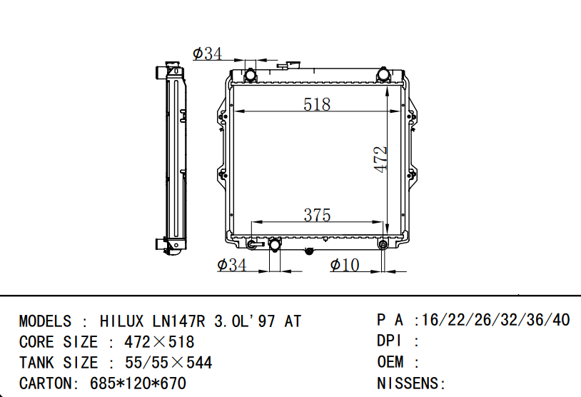 TOYOTA car radiator FOR HILUX/4 RUNNER 97- AT/MT