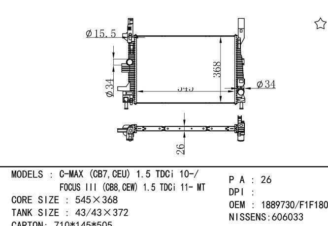 1889730、F1F18005HB Car Radiator for FORD C-MAX (CB7,CEU)  1.5 TDCi