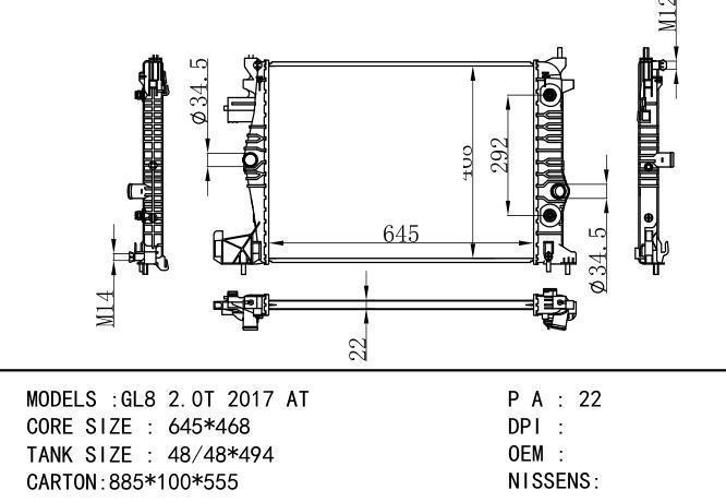  Car Radiator for  GM,DODGE  BIUCK GL8  2.0T 2017- AT