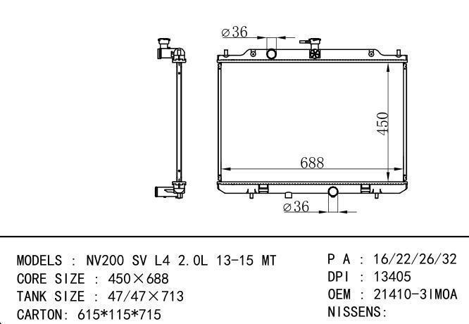 21410-31MOA Car Radiator for NISSAN NV200 SV L4 2.0L 13-15