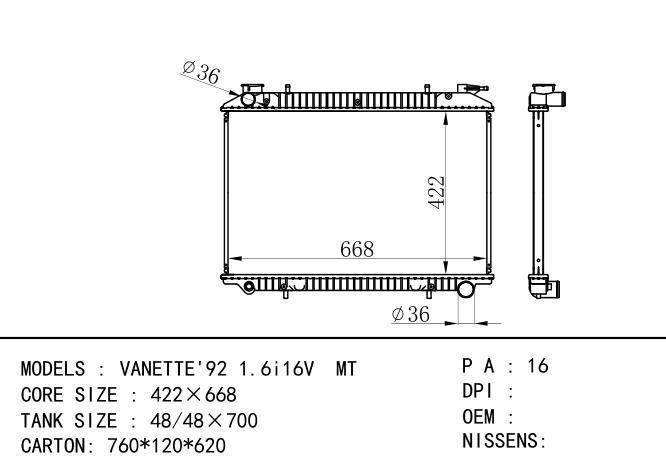  Car Radiator for NISSAN VANETTE 92 1.6i 16V