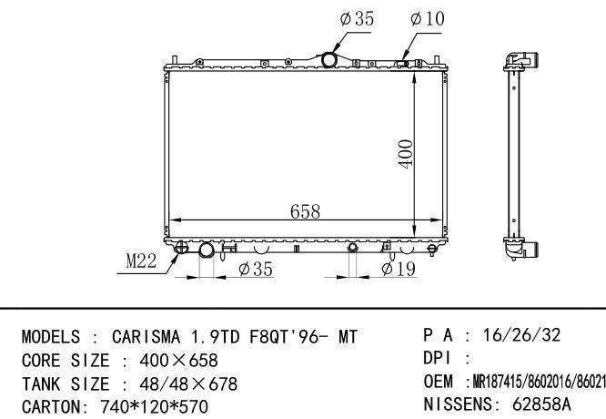 822290/822291/8602106/86021060/8602107/86021078/MB925634/MB925662/MR187415/MR911492/*MR187415-8602016-8602107 Car Radiator for MITSUBISHI CARISMA 1.9TD F8QT