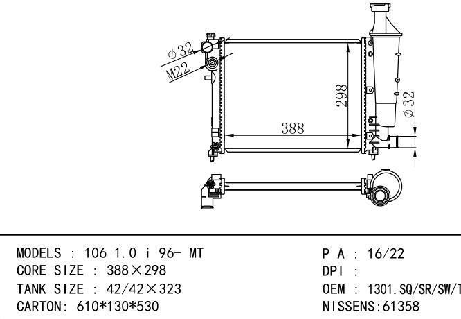 1301.SQ,1301.SR,1301.SW,1301.TA,1301SQ,1301SR,1301SW,1301TA,1331S8,21081301012 Car Radiator for PEUGEOT CITROEN SAXO-106  1.0 i