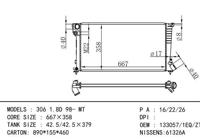 133042/133055/133057/133058/96347974/1330C9/1331CW/1331EZ/1331FG/*133057-1EQ-ZT Car Radiator for PEUGEOT PEUGEOT 306 1.8D '