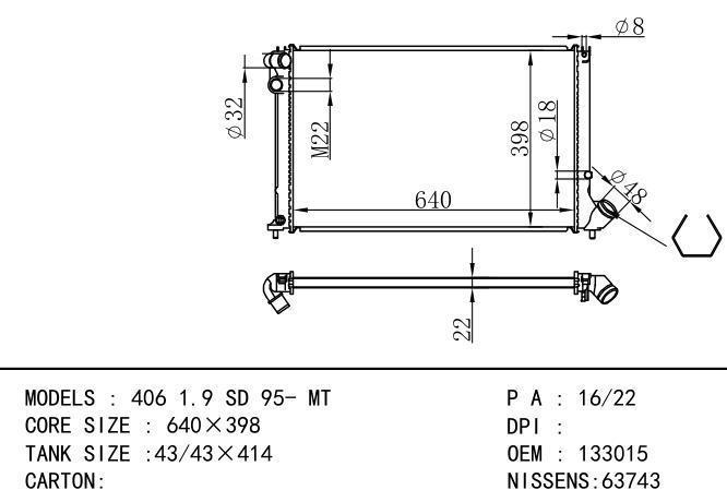 1330.15/1331.P7/*133015 Car Radiator for PEUGEOT PEUGEOT 406  1.9 SD