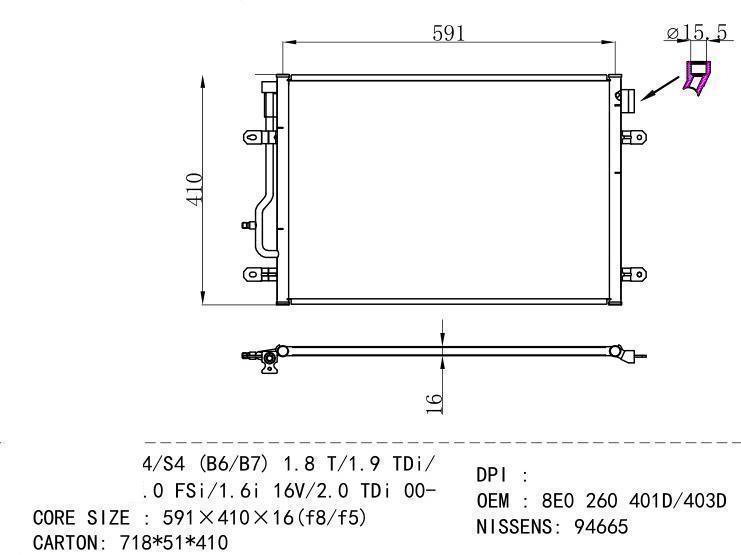 8E0 260 401D/403D Condenser for AUDI A4/S4 (B6/B7) 1.8 T/1.9 TDi/ 2.0 FSi /1.6i 1