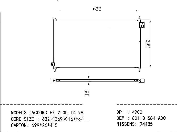 80110-S84-A00 Condenser for HONDA ACCORD EX 2.3L I4 98-0 2
