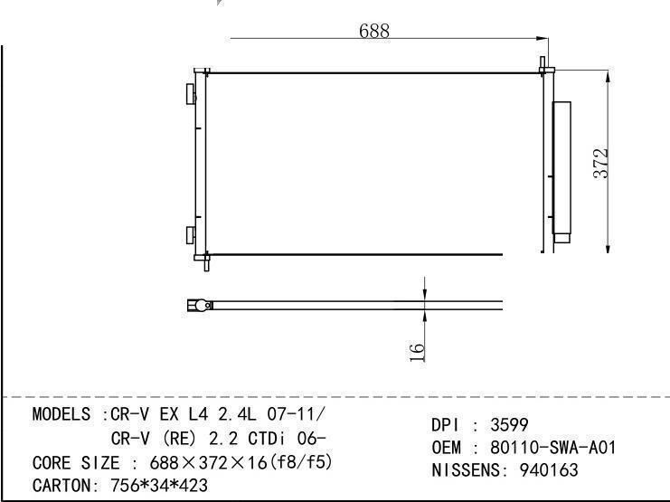 80110-SWA-A01 Condenser for HONDA CR-V EX L4 2.4L 07-11/ CR-V (RE) 2.2 CTDi 06