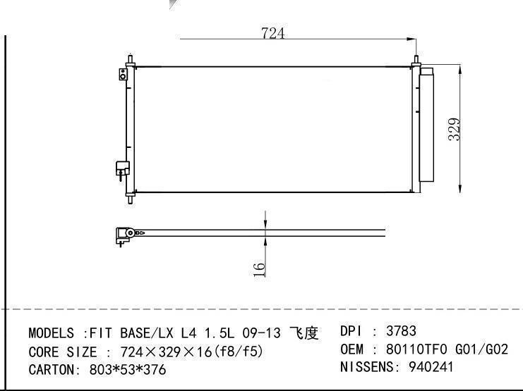80110TF0 G01/G02 Condenser for HONDA FIT BASE/LX L4 1.5L 09-13