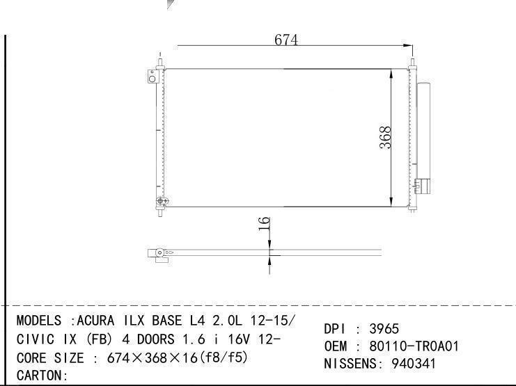 80110-TR0A01 Condenser for HONDA ACURA ILX BASE L4 2.0L 12-15/ CIVIC IX (FB) 4 DO