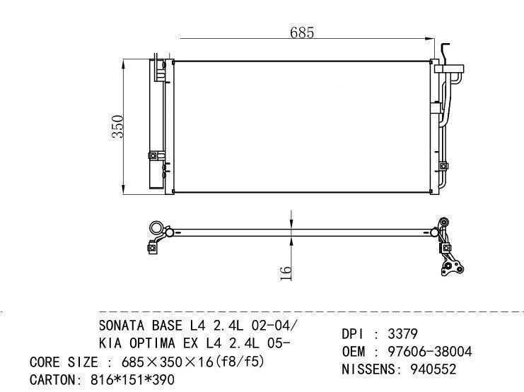 97606-38004 Condenser for HYUNDAI SONATA BASE L 4 2.4L 02-04/ KIA OPTIMA EX L 4 2