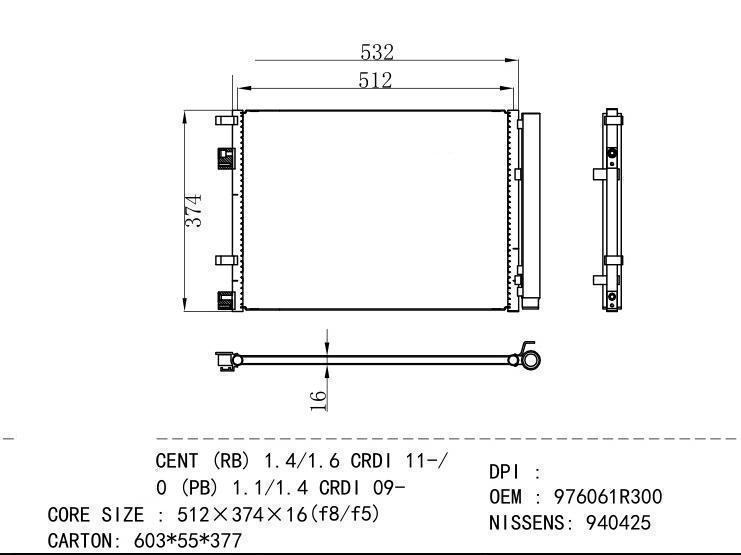 976061R300 Condenser for HYUNDAI ACCENT (RB) 1.4 /1.6 CRDI 11-/ i20 (PB) 1.1/1.4 