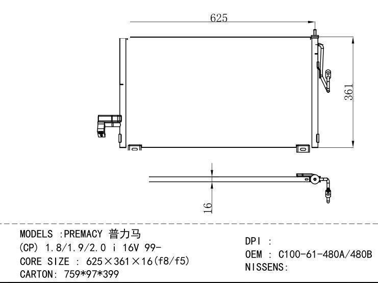 C100-61-480A/480B Condenser for MAZDA PREMACY (CP) 1.8/1.9/2.0 i 16V 99
