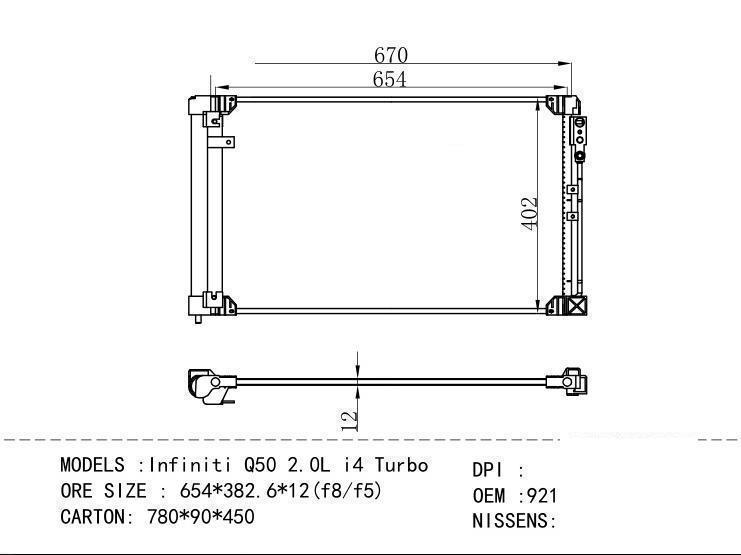 92100-6HC0A Condenser for NISSAN Infin it i Q50 2.0L i4 Turbo ORE SIZE : 654*382.