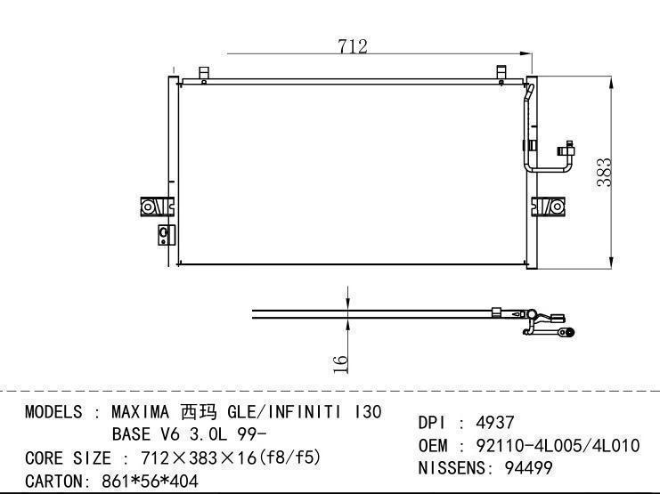 92110-4L005/4L010 Condenser for NISSAN MAXIMA GLE/INFINITI I30 BASE V 6 3.0L 99