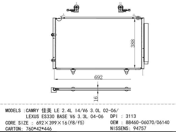 88460-06070/06140 Condenser for TOYOTA CAMRY LE 2.4L I4/V6