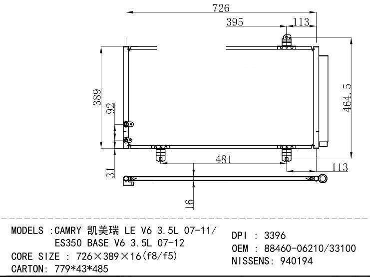 88460-06210/33100 Condenser for TOYOTA CAMRY LE V 6 3.5L 07-11/ ES 350 BASE V 6 3