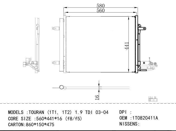 1T0820411A Condenser for VOLKSWAGEN TOURAN (1T1, 1T2) 1.9 TDI 03-04