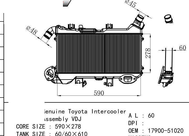 17900-51020 car Intercooler for TOYOTA Genuine Toyota Intercooler Assembly/VDJ
