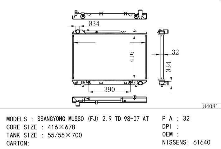  car radiator for  SSANGYONG MUSSO (FJ) 2.9 TD 98-07 AT