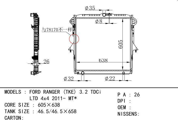  car radiator for  FORD RANGER (TKE) 3.2 TDCi LTD 4x4 2011- MT