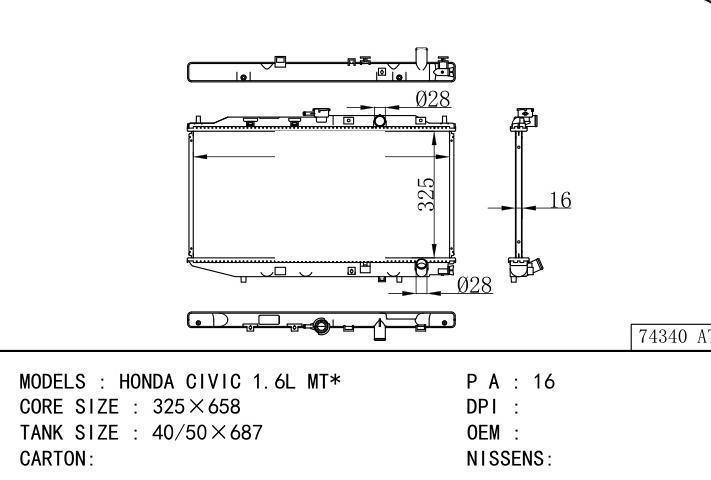  car radiator for  HONDA CIVIC 1.6L MT