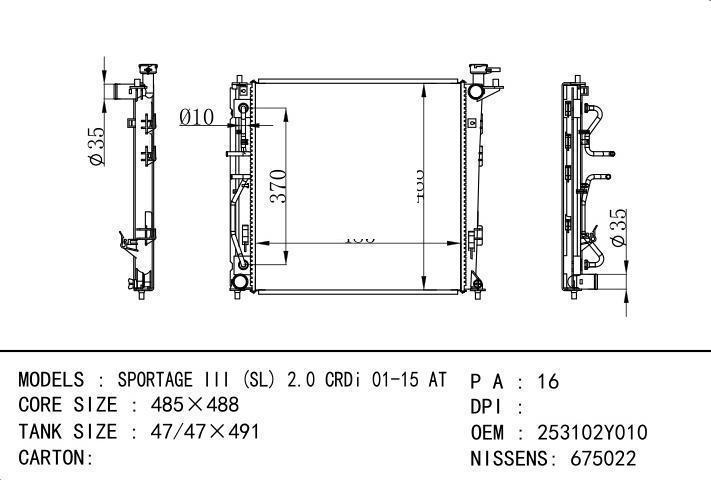 253102Y010 car radiator for  SPORTAGE III (SL) 2.0 CRDi 01-15 AT